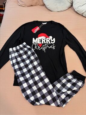 Men’s Merry Christmas Black Pajama Set with Buffalo Check Pants